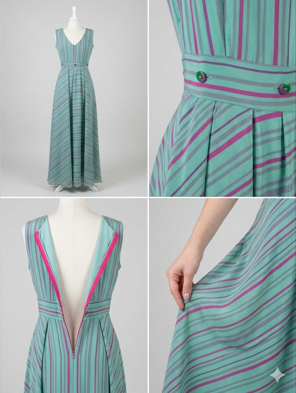 ​🔥 Vintage Bohemian Silk Multi-Stripe Maxi Dress - Teal & Pink! 🔥